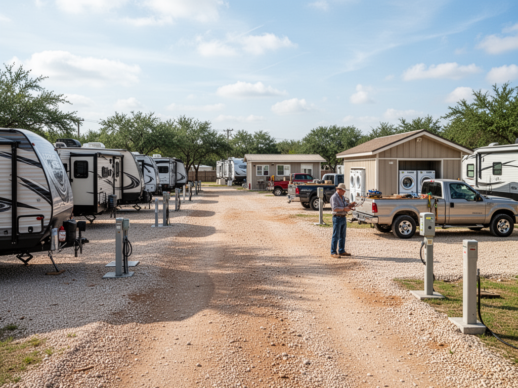 Long-term contractor RV sites with work trucks and practical access