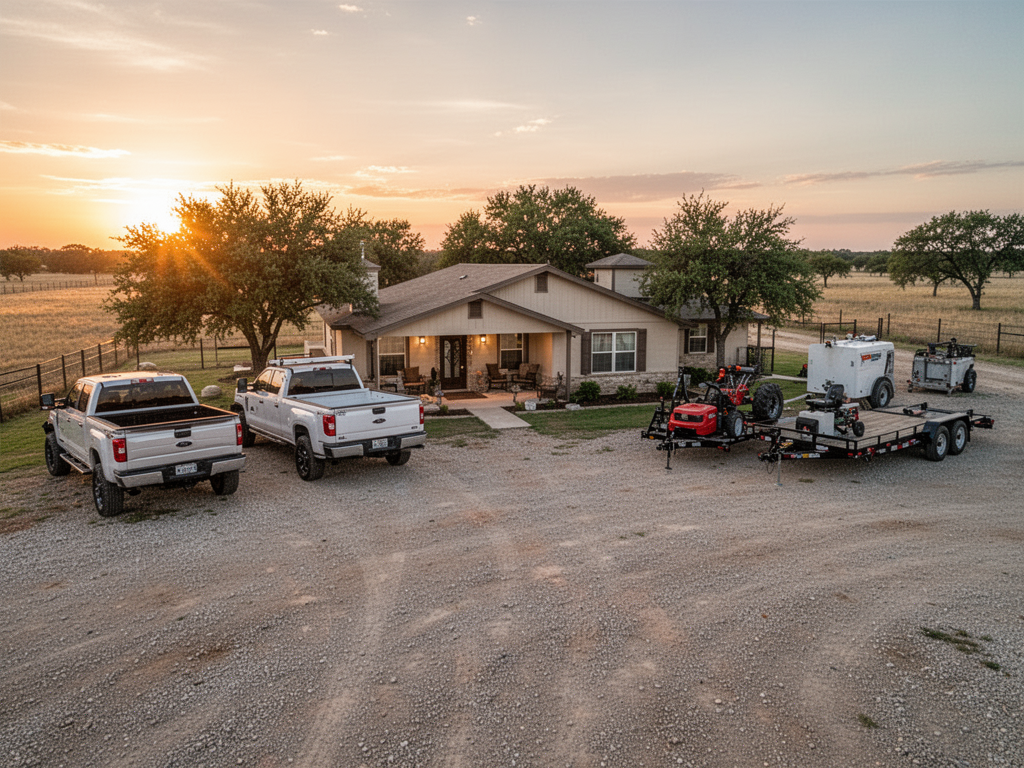 Representative worker housing with trucks and equipment trailers