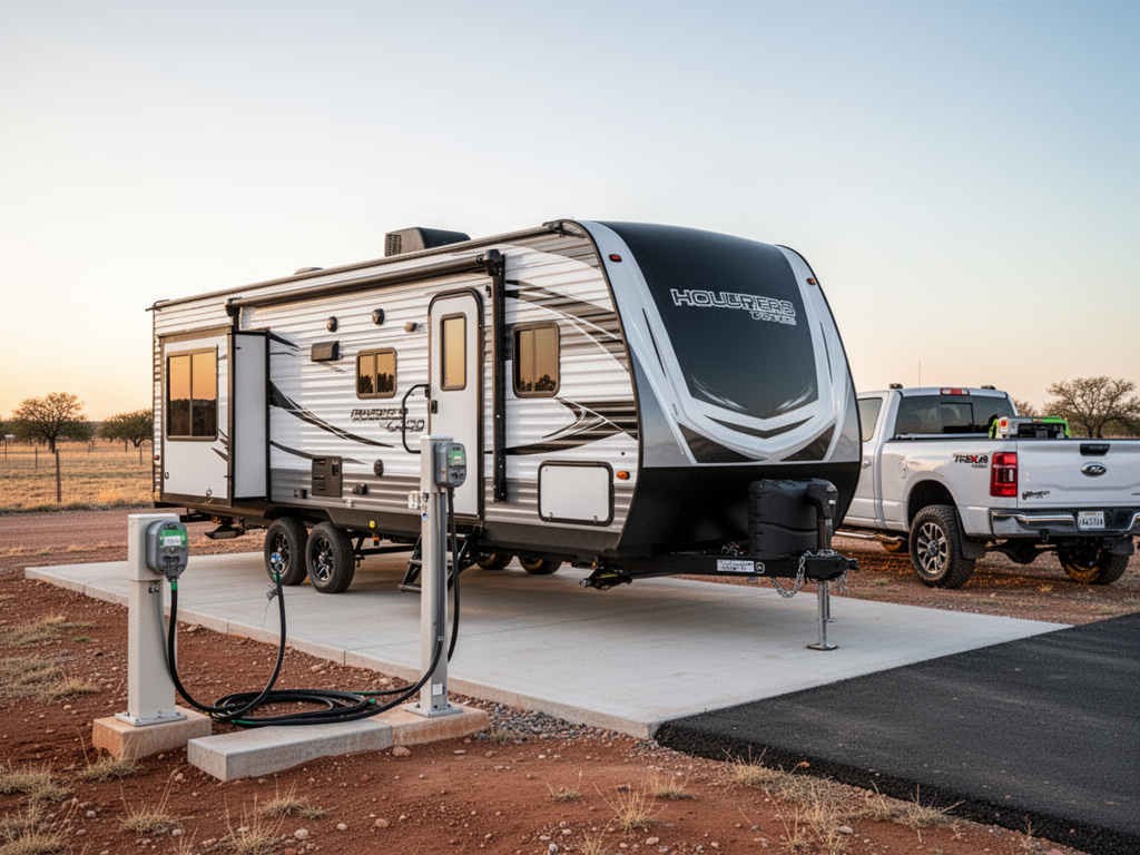 Contractor travel trailers and work trucks parked for a long-term Abilene assignment